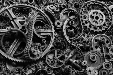 Steampunk doku, backgroung ile mekanik parçalar, dişli tekerlekleri, buhar punk cogwheels, oto yedek parça, eski paslı demir zincirleri, yaylar, tekerlekler, öbek yakın