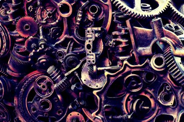 Steampunk doku, backgroung ile mekanik parçalar, dişli tekerlekleri, buhar punk cogwheels, oto yedek parça, eski paslı demir zincirleri, yaylar, tekerlekler, öbek yakın