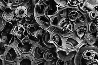 Steampunk doku, backgroung ile mekanik parçalar, dişli tekerlekleri, buhar punk cogwheels, oto yedek parça, eski paslı demir zincirleri, yaylar, tekerlekler, öbek yakın