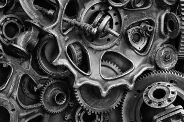 Steampunk doku, backgroung ile mekanik parçalar, dişli tekerlekleri, buhar punk cogwheels, oto yedek parça, eski paslı demir zincirleri, yaylar, tekerlekler, öbek yakın