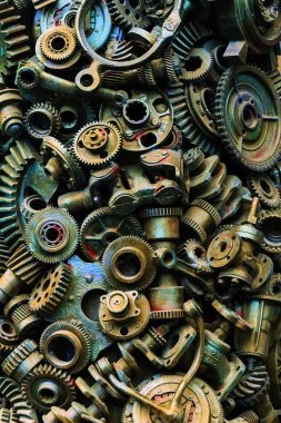 Steampunk doku, backgroung ile mekanik parçalar, dişli tekerlekleri, buhar punk cogwheels, oto yedek parça, eski paslı demir zincirleri, yaylar, tekerlekler, öbek yakın