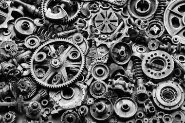Steampunk doku, backgroung ile mekanik parçalar, dişli tekerlekleri, buhar punk cogwheels, oto yedek parça, eski paslı demir zincirleri, yaylar, tekerlekler, öbek yakın
