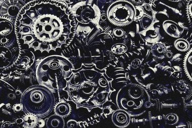 Steampunk doku, backgroung ile mekanik parçalar, dişli tekerlekleri, buhar punk cogwheels, oto yedek parça, eski paslı demir zincirleri, yaylar, tekerlekler, öbek yakın