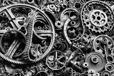 Steampunk doku, backgroung ile mekanik parçalar, dişli tekerlekleri, buhar punk cogwheels, oto yedek parça, eski paslı demir zincirleri, yaylar, tekerlekler, öbek yakın