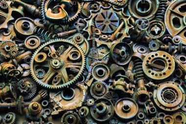 Steampunk doku, backgroung ile mekanik parçalar, dişli tekerlekleri, buhar punk cogwheels, oto yedek parça, eski paslı demir zincirleri, yaylar, tekerlekler, öbek yakın