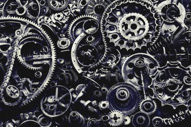 Steampunk doku, backgroung ile mekanik parçalar, dişli tekerlekleri, buhar punk cogwheels, oto yedek parça, eski paslı demir zincirleri, yaylar, tekerlekler, öbek yakın