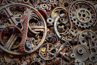 Steampunk doku, backgroung ile mekanik parçalar, dişli tekerlekleri, buhar punk cogwheels, oto yedek parça, eski paslı demir zincirleri, yaylar, tekerlekler, öbek yakın