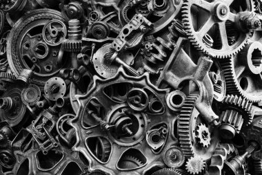 Steampunk doku, backgroung ile mekanik parçalar, dişli tekerlekleri, buhar punk cogwheels, oto yedek parça, eski paslı demir zincirleri, yaylar, tekerlekler, öbek yakın