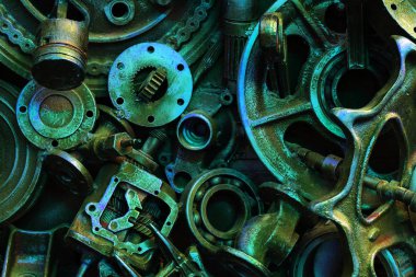 Steampunk doku, backgroung ile mekanik parçalar, dişli tekerlekleri, buhar punk cogwheels, oto yedek parça, eski paslı demir zincirleri, yaylar, tekerlekler, öbek yakın
