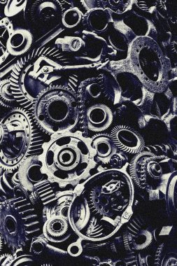 Steampunk doku, backgroung ile mekanik parçalar, dişli tekerlekleri, buhar punk cogwheels, oto yedek parça, eski paslı demir zincirleri, yaylar, tekerlekler, öbek yakın