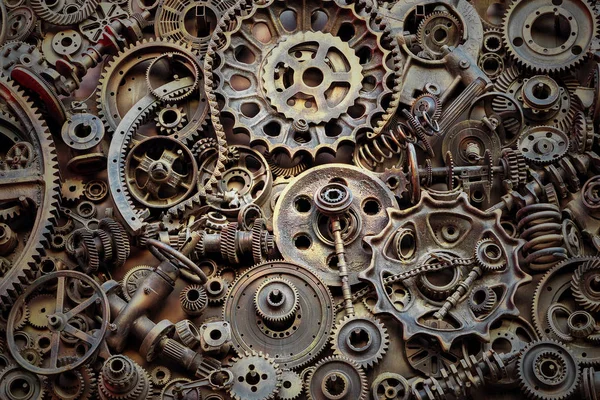 Steampunk Textúra Háttérben Mechanikus Alkatrészek Fogaskerekek Gőz Punk Fogaskerekek Halom — Stock Fotó