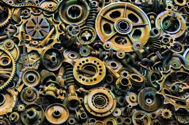 Steampunk arka plan, makine parçaları, büyük dişli ve zincir makineleri ve traktörler. Eski paslı makine ve mekanik parçalar. Yaylar, rulmanlar, pistonlar, milleri, milleri.