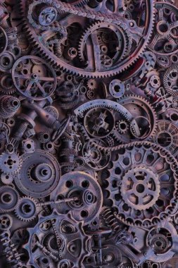 Steampunk arka plan, makine parçaları, büyük dişli ve zincir makineleri ve traktörler. Eski paslı makine ve mekanik parçalar. Yaylar, rulmanlar, pistonlar, milleri, milleri.