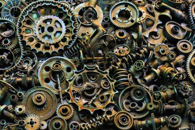 Steampunk arka plan, makine parçaları, büyük dişli ve zincir makineleri ve traktörler. Eski paslı makine ve mekanik parçalar. Yaylar, rulmanlar, pistonlar, milleri, milleri.