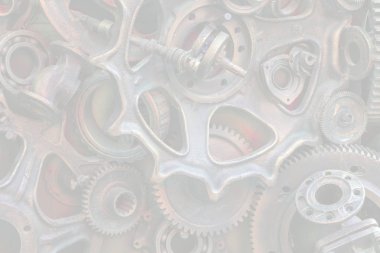 Steampunk arka plan, makine parçaları, büyük dişli ve zincir makineleri ve traktörler. Eski paslı makine ve mekanik parçalar. Yaylar, rulmanlar, pistonlar, milleri, milleri.