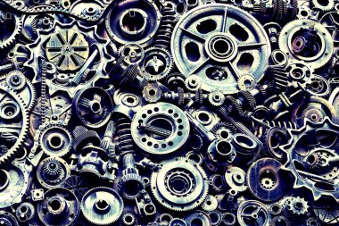 Steampunk doku, backgroung ile mekanik parçalar, dişli tekerlekleri, buhar punk cogwheels, oto yedek parça, eski paslı demir zincirleri, yaylar, tekerlekler, öbek yakın