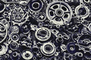 Steampunk doku, backgroung ile mekanik parçalar, dişli tekerlekleri, buhar punk cogwheels, oto yedek parça, eski paslı demir zincirleri, yaylar, tekerlekler, öbek yakın