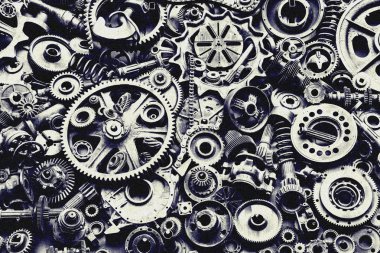 Steampunk doku, backgroung ile mekanik parçalar, dişli tekerlekleri, buhar punk cogwheels, oto yedek parça, eski paslı demir zincirleri, yaylar, tekerlekler, öbek yakın