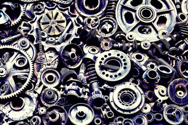 Steampunk doku, backgroung ile mekanik parçalar, dişli tekerlekleri, buhar punk cogwheels, oto yedek parça, eski paslı demir zincirleri, yaylar, tekerlekler, öbek yakın