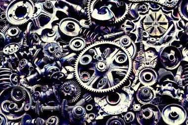 Steampunk doku, backgroung ile mekanik parçalar, dişli tekerlekleri, buhar punk cogwheels, oto yedek parça, eski paslı demir zincirleri, yaylar, tekerlekler, öbek yakın
