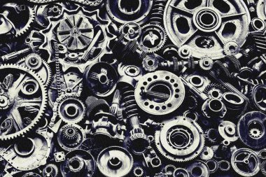 Steampunk doku, backgroung ile mekanik parçalar, dişli tekerlekleri, buhar punk cogwheels, oto yedek parça, eski paslı demir zincirleri, yaylar, tekerlekler, öbek yakın
