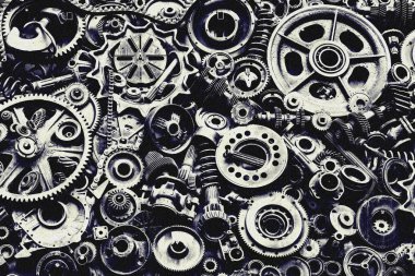 Steampunk doku, backgroung ile mekanik parçalar, dişli tekerlekleri, buhar punk cogwheels, oto yedek parça, eski paslı demir zincirleri, yaylar, tekerlekler, öbek yakın