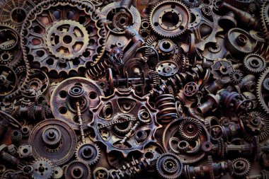 Steampunk arka plan, makine parçaları, büyük dişli ve zincir makineleri ve traktörler. Eski paslı makine parçaları. Yaylar, rulmanlar, pistonlar, milleri, milleri.