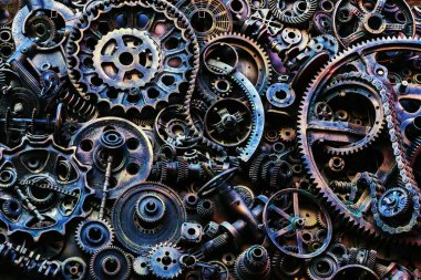 Steampunk doku, backgroung ile mekanik parçalar, dişli tekerlekleri, buhar punk cogwheels, oto yedek parça, eski paslı demir zincirleri, yaylar, tekerlekler, öbek yakın