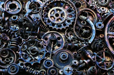 Steampunk doku, backgroung ile mekanik parçalar, dişli tekerlekleri, buhar punk cogwheels, oto yedek parça, eski paslı demir zincirleri, yaylar, tekerlekler, öbek yakın