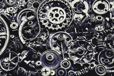 Steampunk doku, backgroung ile mekanik parçalar, dişli tekerlekleri, buhar punk cogwheels, oto yedek parça, eski paslı demir zincirleri, yaylar, tekerlekler, öbek yakın