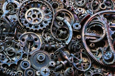 Steampunk doku, backgroung ile mekanik parçalar, dişli tekerlekleri, buhar punk cogwheels, oto yedek parça, eski paslı demir zincirleri, yaylar, tekerlekler, öbek yakın