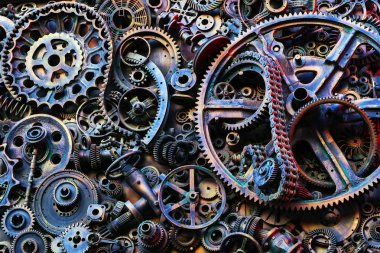 Steampunk doku, backgroung ile mekanik parçalar, dişli tekerlekleri, buhar punk cogwheels, oto yedek parça, eski paslı demir zincirleri, yaylar, tekerlekler, öbek yakın