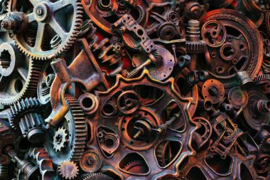 Steampunk doku, backgroung ile mekanik parçalar, dişli tekerlekleri, buhar punk cogwheels, oto yedek parça, eski paslı demir zincirleri, yaylar, tekerlekler, öbek yakın