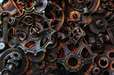 Steampunk doku, backgroung ile mekanik parçalar, dişli tekerlekleri, buhar punk cogwheels, oto yedek parça, eski paslı demir zincirleri, yaylar, tekerlekler, öbek yakın