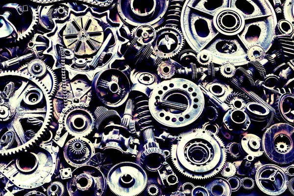 Steampunk doku, backgroung ile mekanik parçalar, dişli tekerlekleri, buhar punk cogwheels, oto yedek parça, eski paslı demir zincirleri, yaylar, tekerlekler, öbek yakın