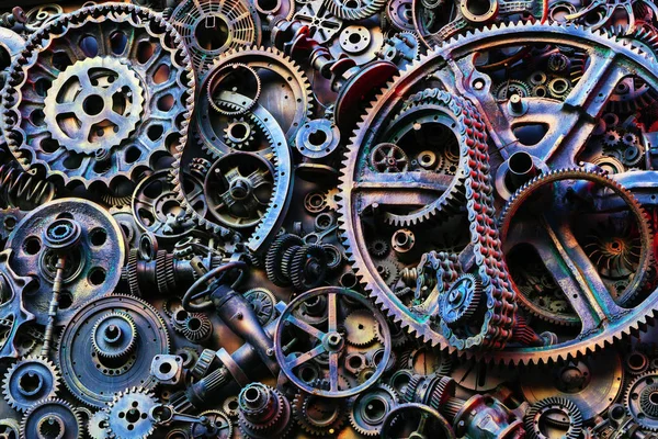 Steampunk doku, backgroung ile mekanik parçalar, dişli tekerlekleri, buhar punk cogwheels, oto yedek parça, eski paslı demir zincirleri, yaylar, tekerlekler, öbek yakın