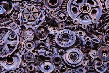 Steampunk doku, backgroung ile mekanik parçalar, dişli tekerlekleri, buhar punk cogwheels, oto yedek parça, eski paslı demir zincirleri, yaylar, tekerlekler, öbek yakın