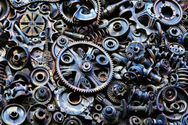 Steampunk doku, backgroung ile mekanik parçalar, dişli tekerlekleri, buhar punk cogwheels, oto yedek parça, eski paslı demir zincirleri, yaylar, tekerlekler, öbek yakın