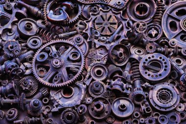 Steampunk doku, backgroung ile mekanik parçalar, dişli tekerlekleri, buhar punk cogwheels, oto yedek parça, eski paslı demir zincirleri, yaylar, tekerlekler, öbek yakın