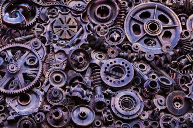 Steampunk doku, backgroung ile mekanik parçalar, dişli tekerlekleri, buhar punk cogwheels, oto yedek parça, eski paslı demir zincirleri, yaylar, tekerlekler, öbek yakın