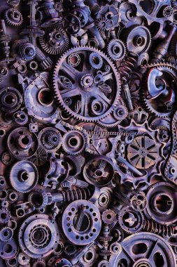 Steampunk doku, backgroung ile mekanik parçalar, dişli tekerlekleri, buhar punk cogwheels, oto yedek parça, eski paslı demir zincirleri, yaylar, tekerlekler, öbek yakın