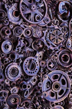 Steampunk doku, backgroung ile mekanik parçalar, dişli tekerlekleri, buhar punk cogwheels, oto yedek parça, eski paslı demir zincirleri, yaylar, tekerlekler, öbek yakın