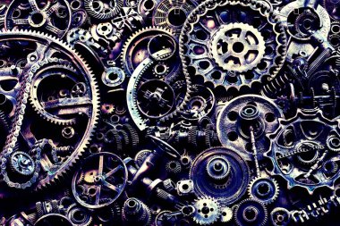 Steampunk doku, backgroung ile mekanik parçalar, dişli tekerlekleri, buhar punk cogwheels, oto yedek parça, eski paslı demir zincirleri, yaylar, tekerlekler, öbek yakın