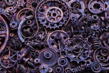 Steampunk doku, backgroung ile mekanik parçalar, dişli tekerlekleri, buhar punk cogwheels, oto yedek parça, eski paslı demir zincirleri, yaylar, tekerlekler, öbek yakın