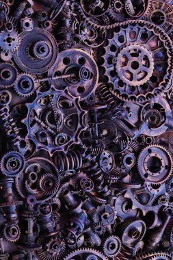 Steampunk doku, backgroung ile mekanik parçalar, dişli tekerlekleri, buhar punk cogwheels, oto yedek parça, eski paslı demir zincirleri, yaylar, tekerlekler, öbek yakın