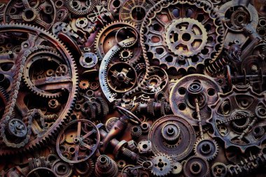 Steampunk arka plan, makine parçaları, büyük dişli ve zincir makineleri ve traktörler. Eski paslı makine parçaları. Yaylar, rulmanlar, pistonlar, milleri, milleri.