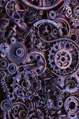 Steampunk doku, backgroung ile mekanik parçalar, dişli tekerlekleri, buhar punk cogwheels, oto yedek parça, eski paslı demir zincirleri, yaylar, tekerlekler, öbek yakın