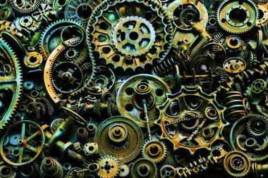 Steampunk doku, backgroung ile mekanik parçalar, dişli tekerlekleri, buhar punk cogwheels, oto yedek parça, eski paslı demir zincirleri, yaylar, tekerlekler, öbek yakın