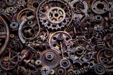Steampunk doku, backgroung ile mekanik parçalar, dişli tekerlekleri, buhar punk cogwheels, oto yedek parça, eski paslı demir zincirleri, yaylar, tekerlekler, öbek yakın