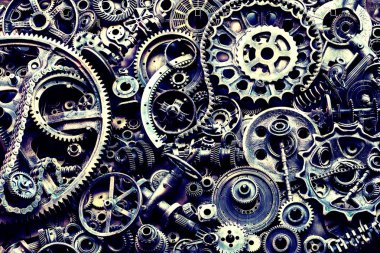 Steampunk doku, backgroung ile mekanik parçalar, dişli tekerlekleri, buhar punk cogwheels, oto yedek parça, eski paslı demir zincirleri, yaylar, tekerlekler, öbek yakın